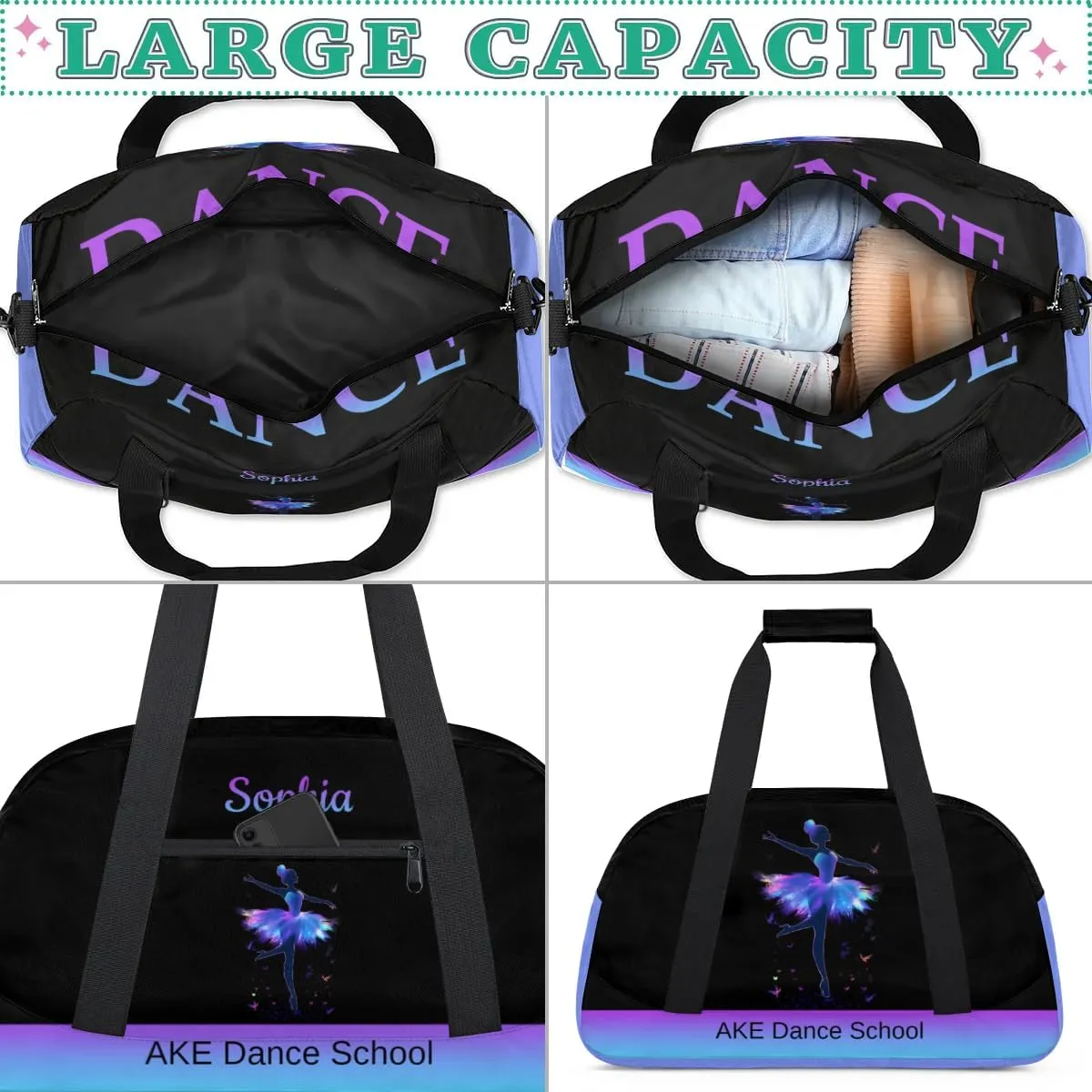 Black Dance-Bag for Kids Girls 8-10 Personalized-Duffel-Bag Small Gym-Bag with Name for Girls Dance Training Bag for Dancers