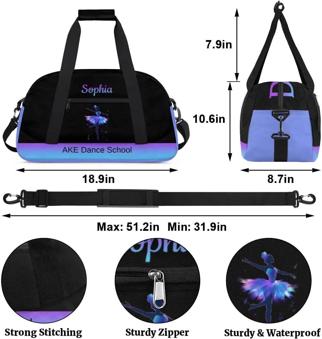 Black Dance-Bag for Kids Girls 8-10 Personalized-Duffel-Bag Small Gym-Bag with Name for Girls Dance Training Bag for Dancers