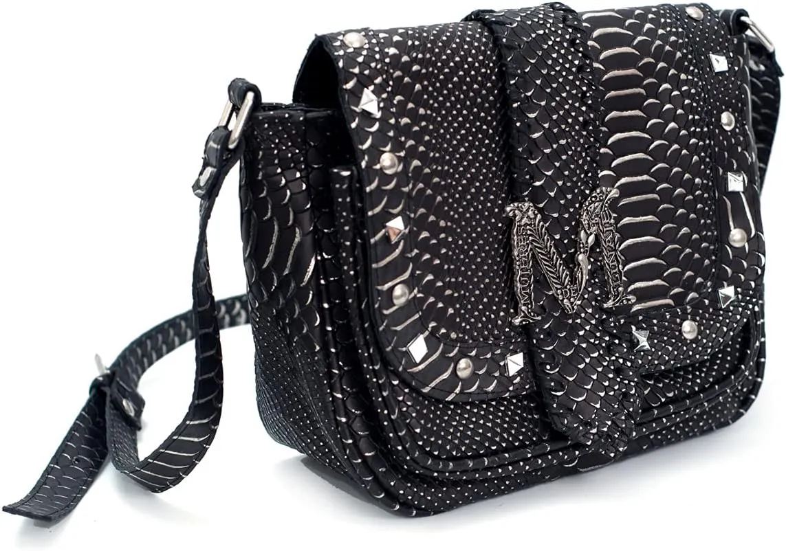 Black Faux Snake Skin Crossbody Bag with Silver Studs and Monogram Detail – Stylish Small Shoulder Bag for Women