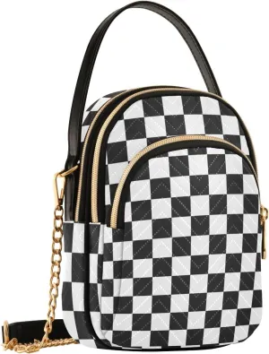 Black White Checkered Crossbody Bag for Women Shoulder Handbag Ladies Purse Cell Phone Tote Bags
