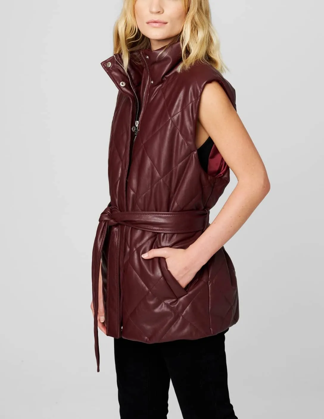 [BLANKNYC] Womens Vegan Leather Quilted Vest With Self Belt
