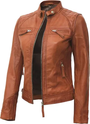 Blingsoul Leather Jacket Women - Quilted Cafe Racer Style Womens Leather Jackets