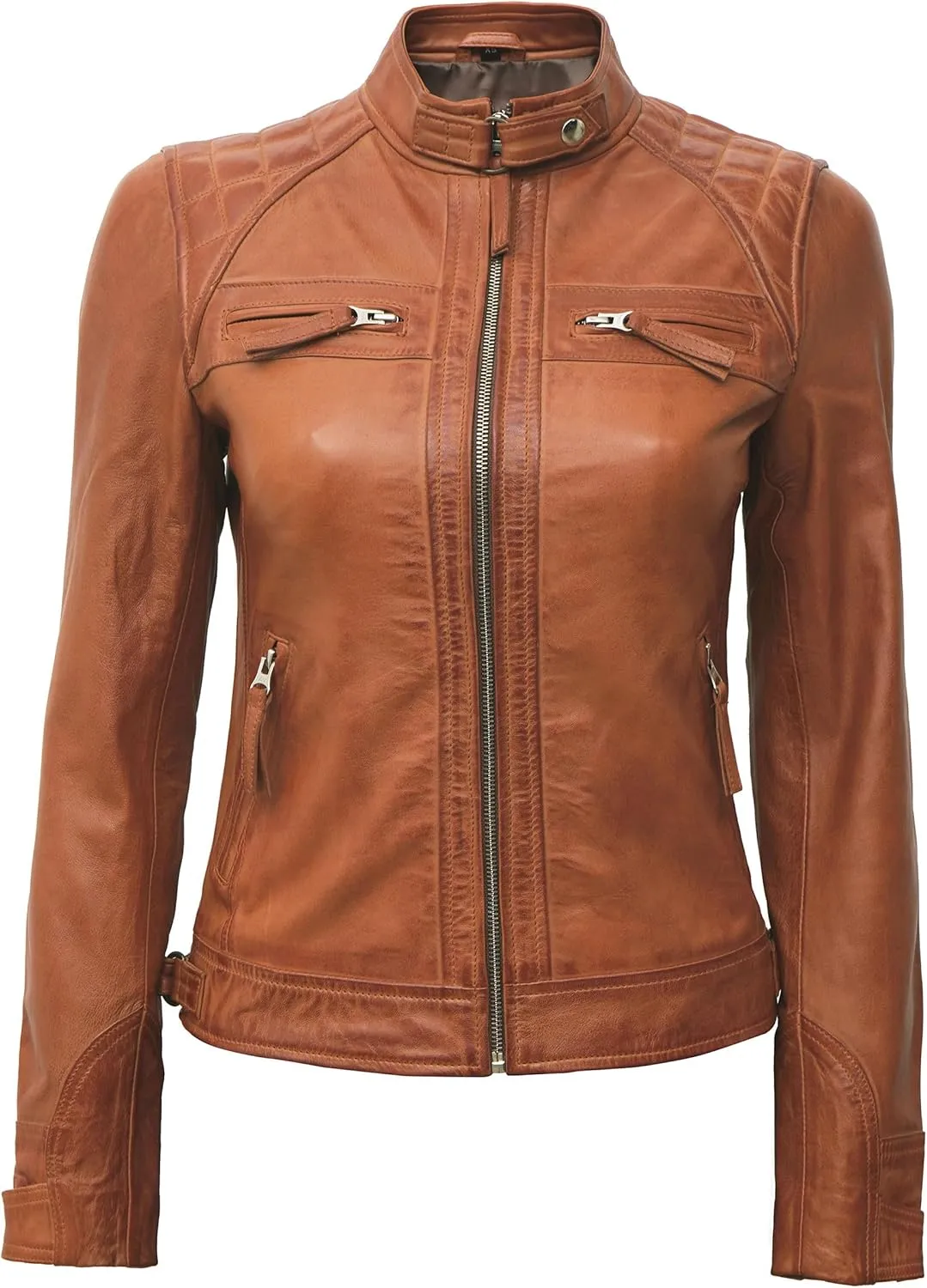 Blingsoul Leather Jacket Women - Quilted Cafe Racer Style Womens Leather Jackets