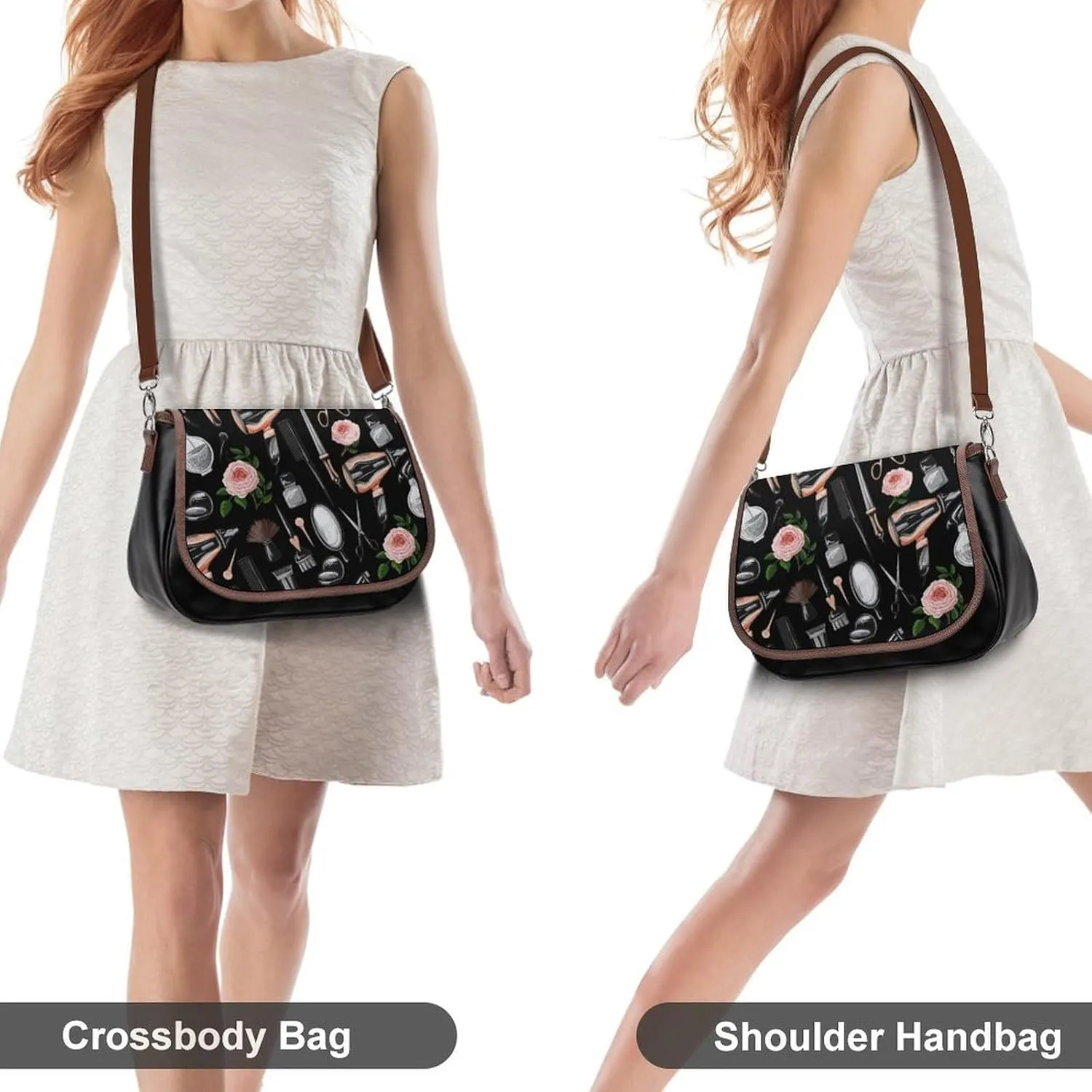 Blue And White Floral Toile Leather Shoulder Bag with Detachable Shoulder Strap Versatile for Daily Use