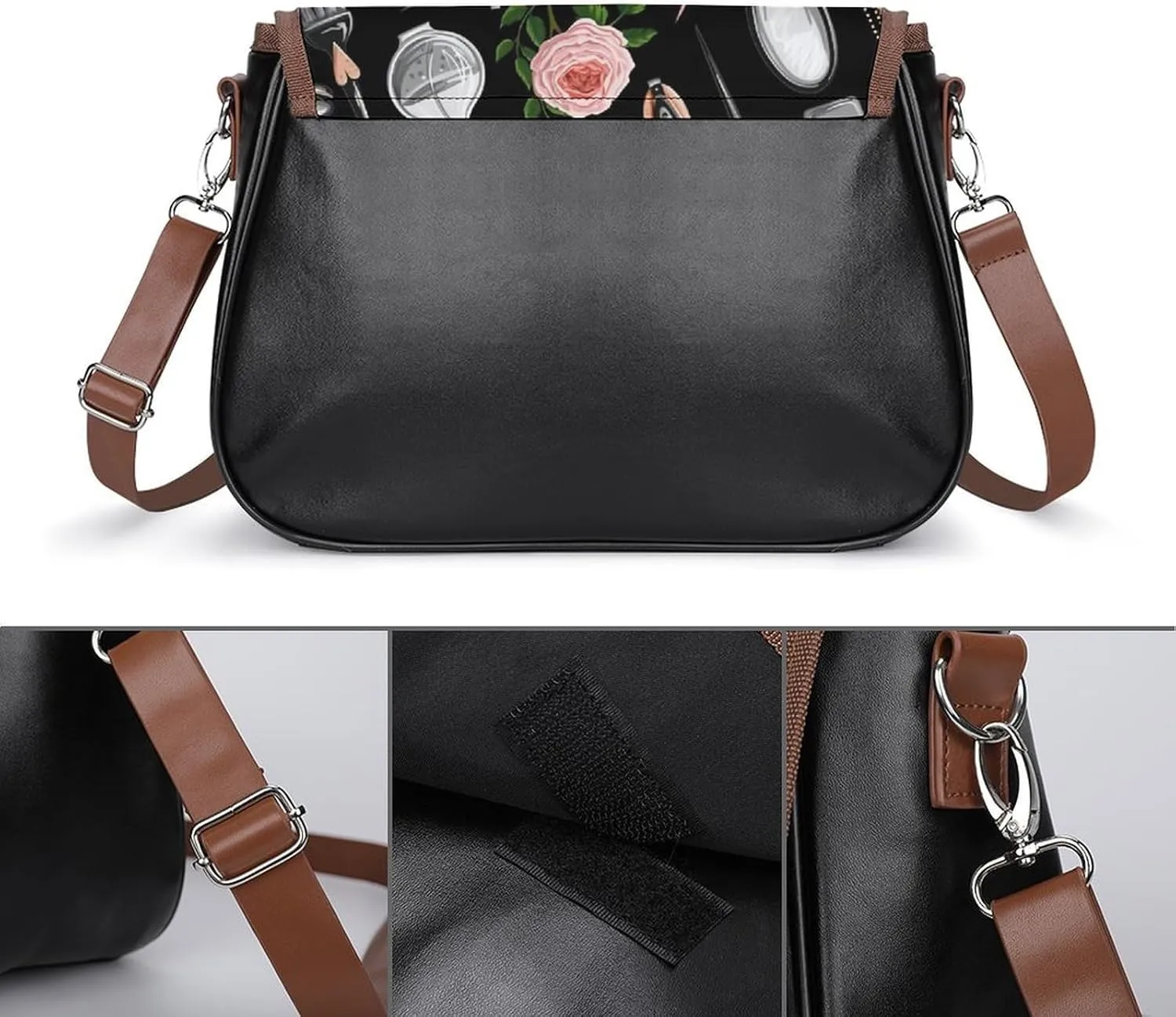 Blue And White Floral Toile Leather Shoulder Bag with Detachable Shoulder Strap Versatile for Daily Use