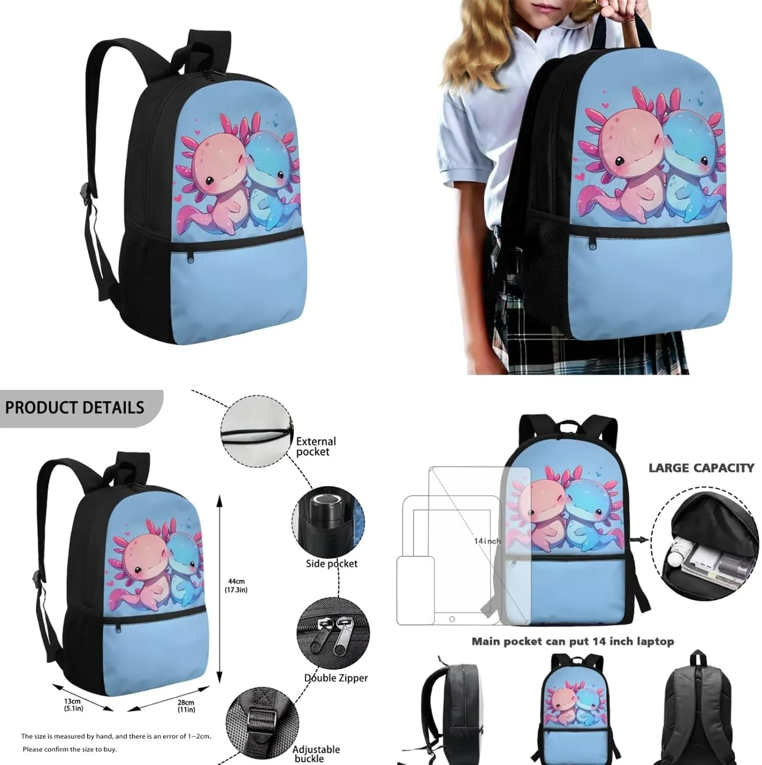 Blue Axolotl School Bags for Girls 7-10 with Lunch Bag Water Bottle Holder with Strap and Zipper Pencil Pouch Ergonomic Decompression 4 In 1 for Kids School Bag Book Bag Set 17 Inch