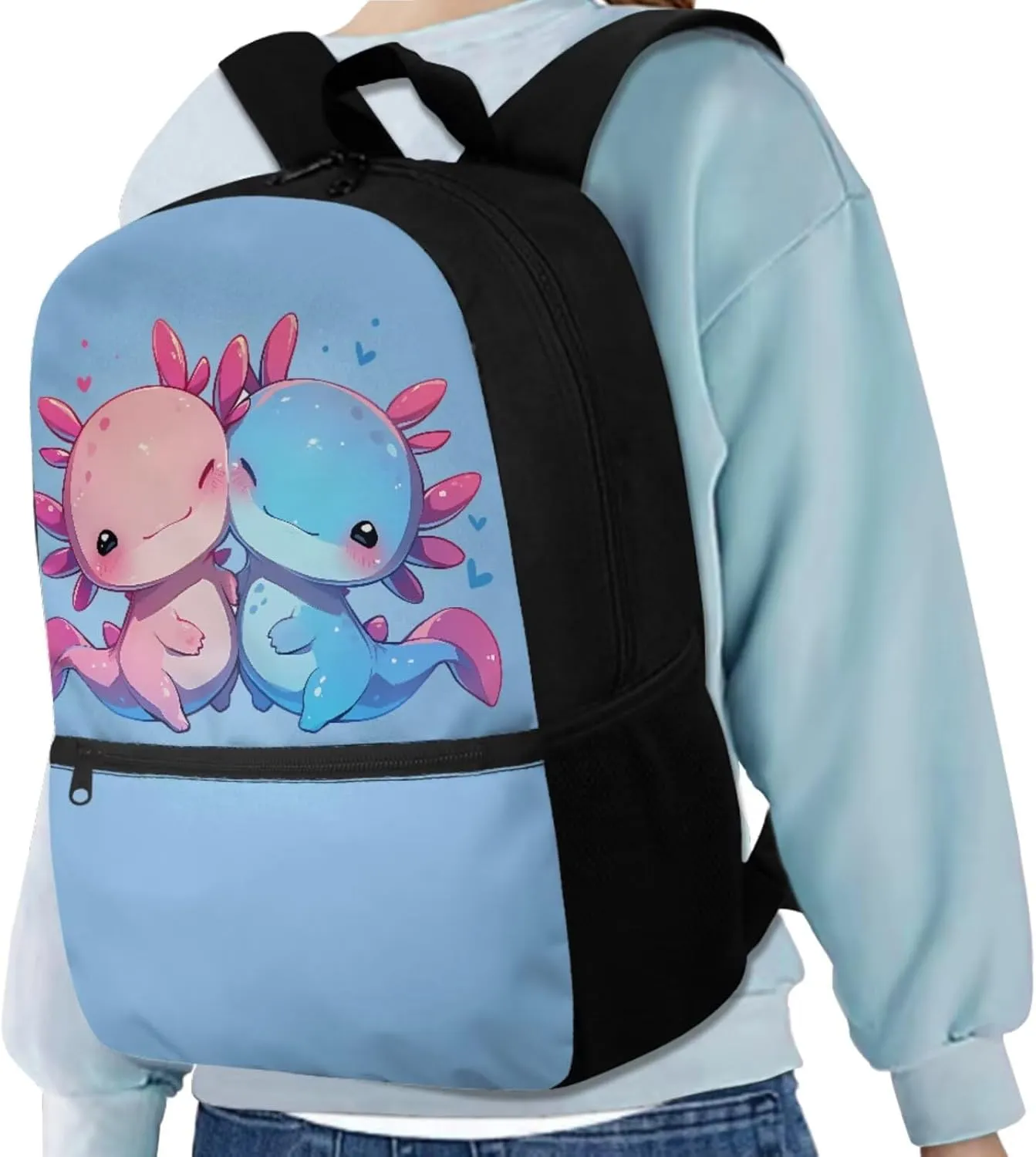 Blue Axolotl School Bags for Girls 7-10 with Lunch Bag Water Bottle Holder with Strap and Zipper Pencil Pouch Ergonomic Decompression 4 In 1 for Kids School Bag Book Bag Set 17 Inch