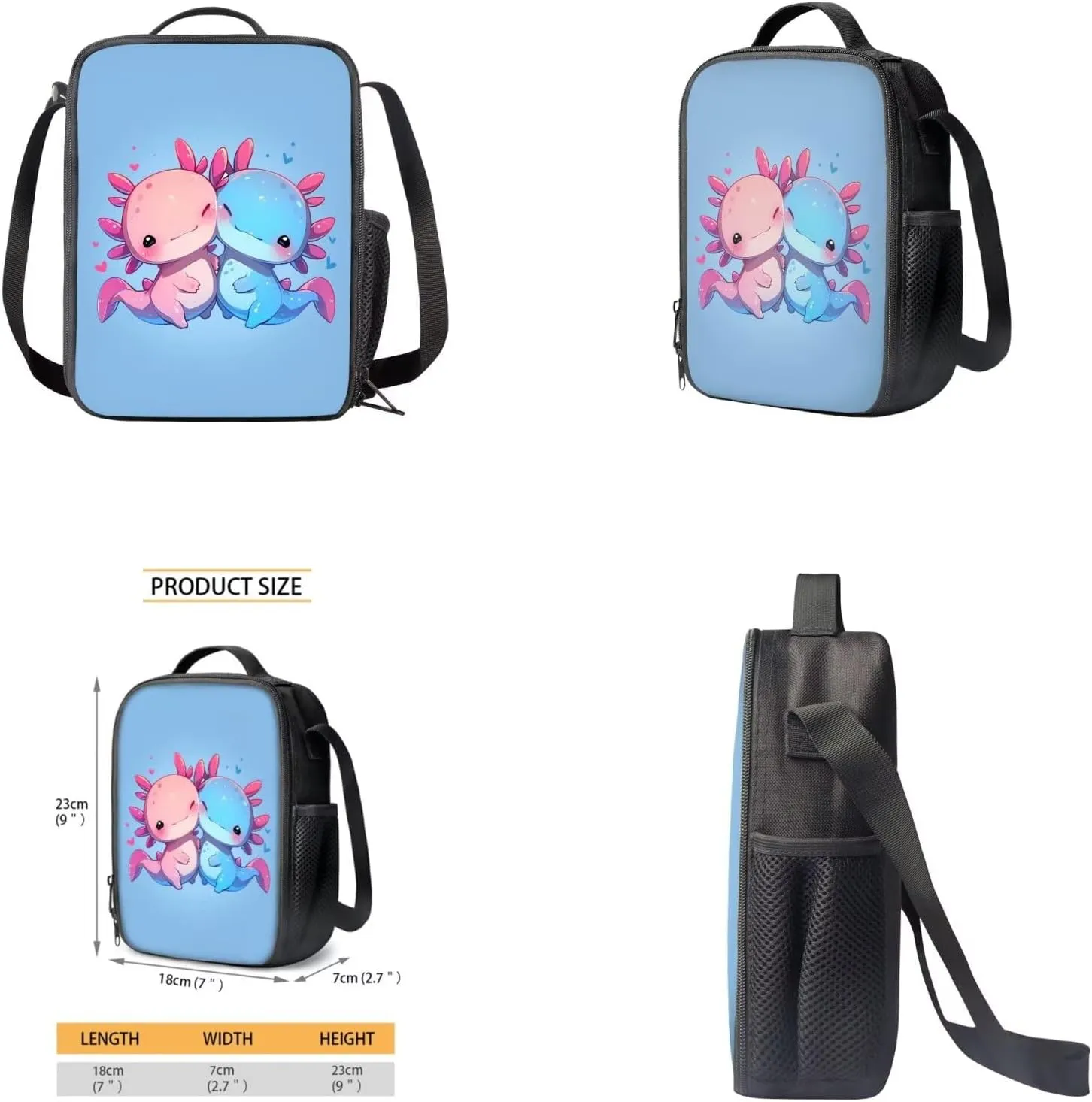Blue Axolotl School Bags for Girls 7-10 with Lunch Bag Water Bottle Holder with Strap and Zipper Pencil Pouch Ergonomic Decompression 4 In 1 for Kids School Bag Book Bag Set 17 Inch