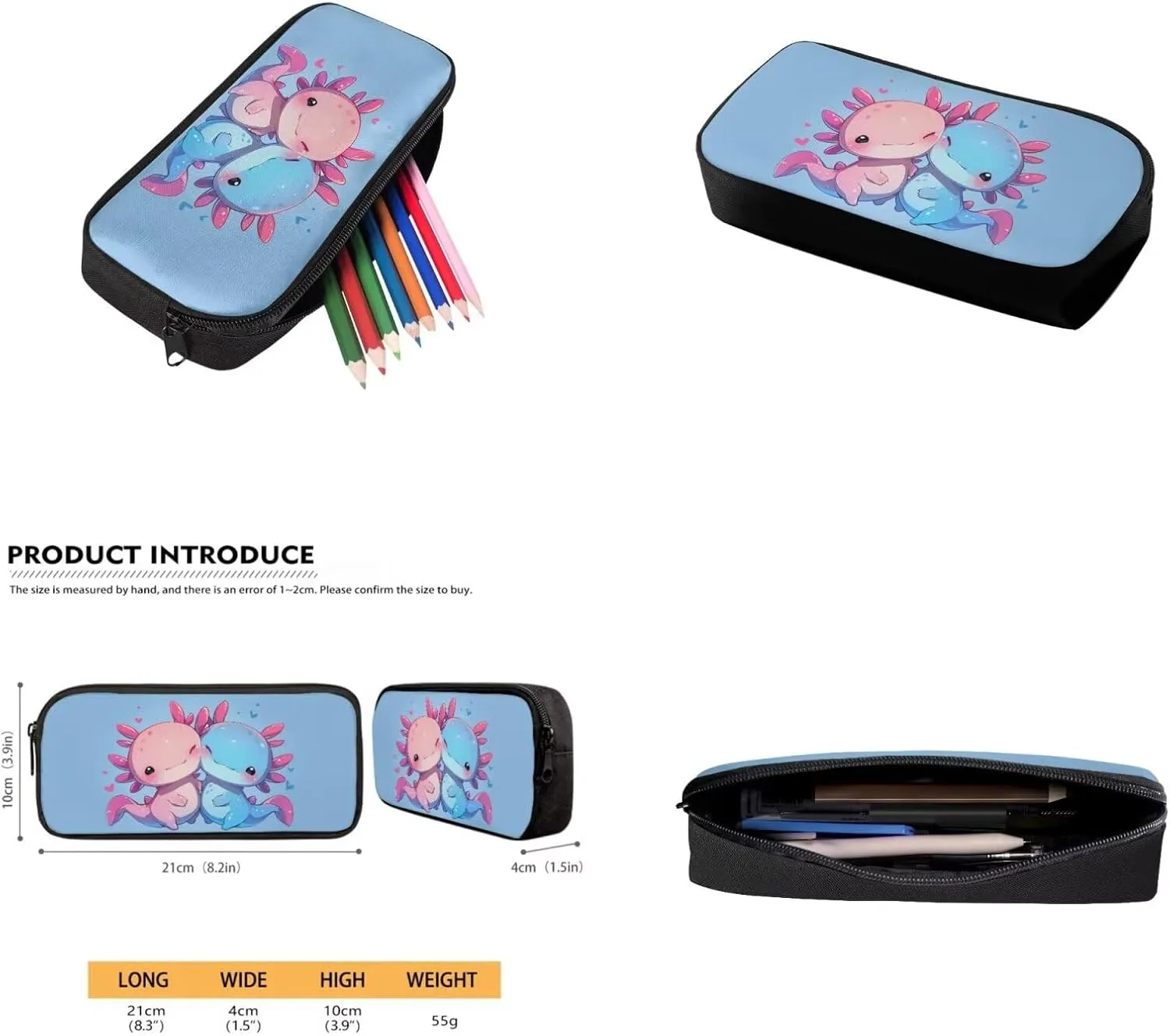 Blue Axolotl School Bags for Girls 7-10 with Lunch Bag Water Bottle Holder with Strap and Zipper Pencil Pouch Ergonomic Decompression 4 In 1 for Kids School Bag Book Bag Set 17 Inch