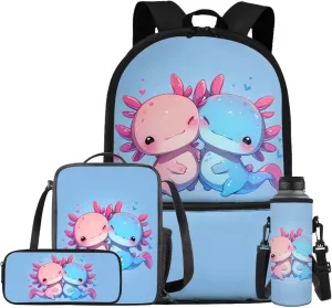 Blue Axolotl School Bags for Girls 7-10 with Lunch Bag Water Bottle Holder with Strap and Zipper Pencil Pouch Ergonomic Decompression 4 In 1 for Kids School Bag Book Bag Set 17 Inch