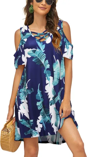 Bluetime Women Cold Shoulder Summer Dress Short Sleeve Beach Casual Loose Swing Dress