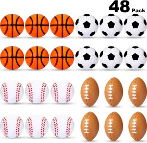 Blulu 48 Pack Sports Stress Balls for Kids Mini Footballs Mini Baseball, Soccer, Basketball, Foam Stress Balls for Anxiety Relief Sport Class Prize and Outdoor Game (1.6 Inch)