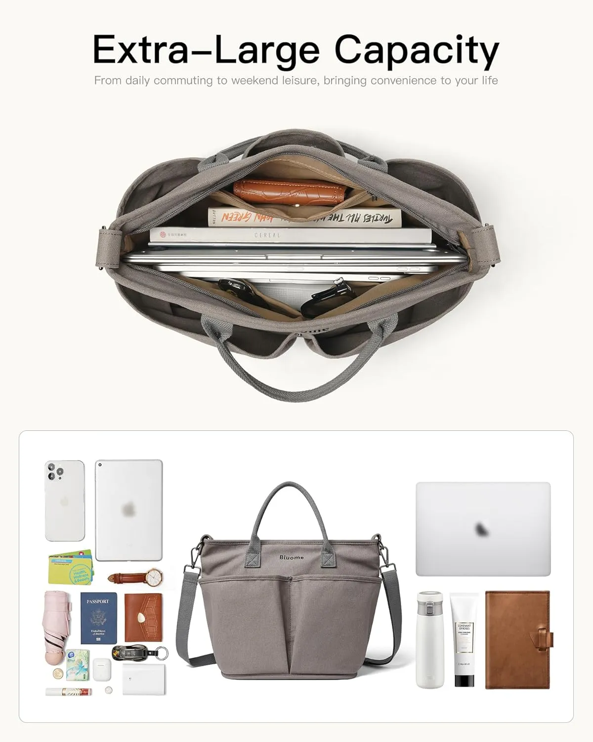 Bluome Tote Bag for Women Canvas Tote Bag With Zipper College Gym Tote Medium Travel Work Bags Hobo Handbag Crossbody