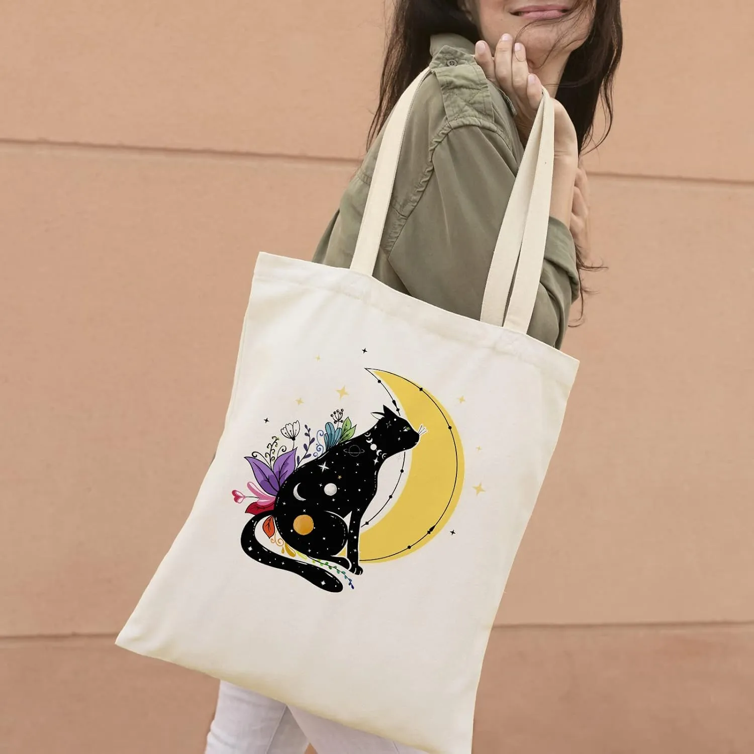 bmuvghi Cat Tote Bag with Zipper Pockets Flowers Cute Tote Bag Aesthetic Reusable Shopping Grocery Bags Birthday Gifts for Women Mother Teacher