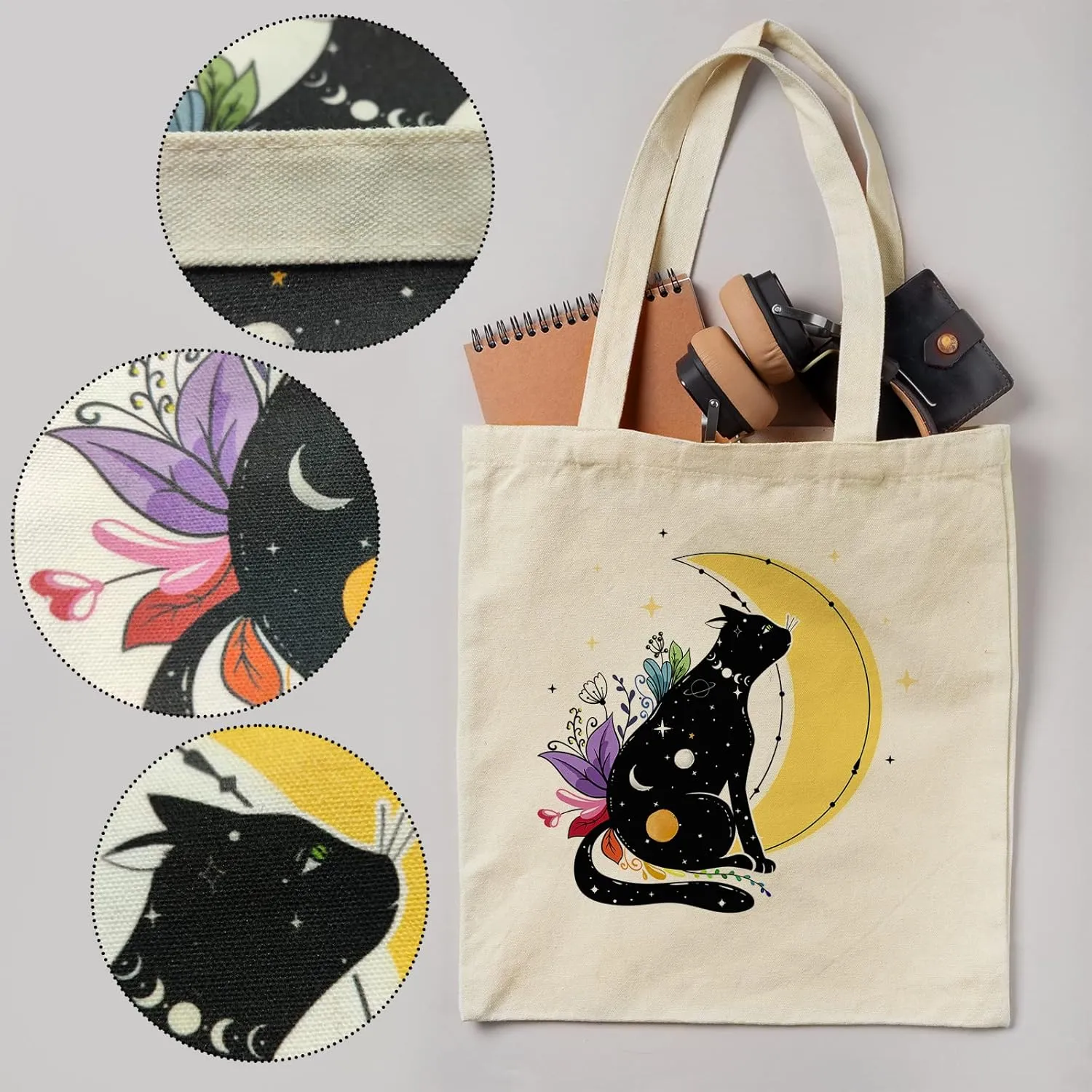 bmuvghi Cat Tote Bag with Zipper Pockets Flowers Cute Tote Bag Aesthetic Reusable Shopping Grocery Bags Birthday Gifts for Women Mother Teacher