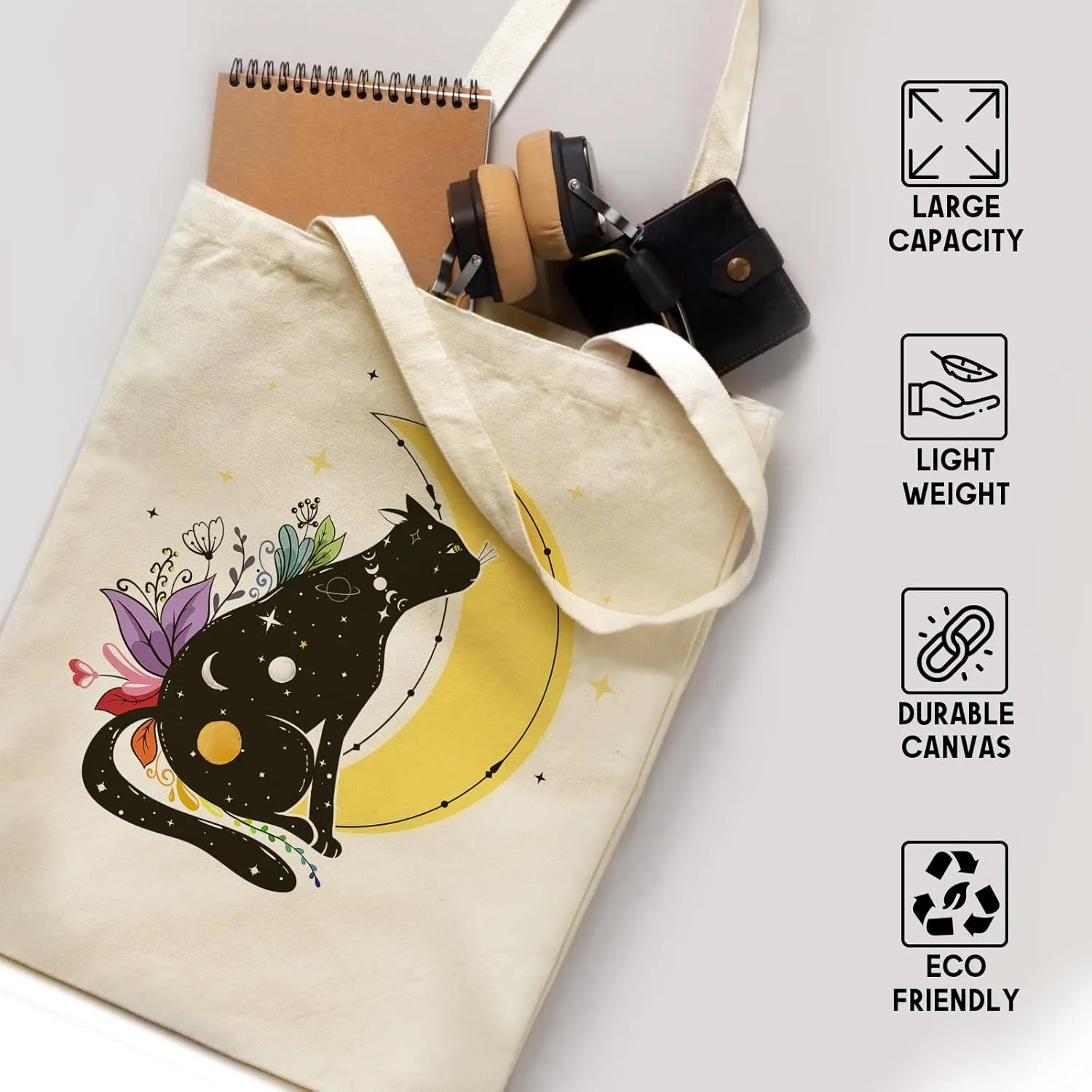 bmuvghi Cat Tote Bag with Zipper Pockets Flowers Cute Tote Bag Aesthetic Reusable Shopping Grocery Bags Birthday Gifts for Women Mother Teacher