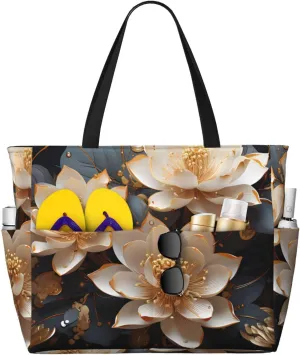 Bohemian Golden Lotus Print 28L Large Beach Tote Bag, 7 Pockets Waterproof Travel Shoulder Bag, Gym Oversized Tote
