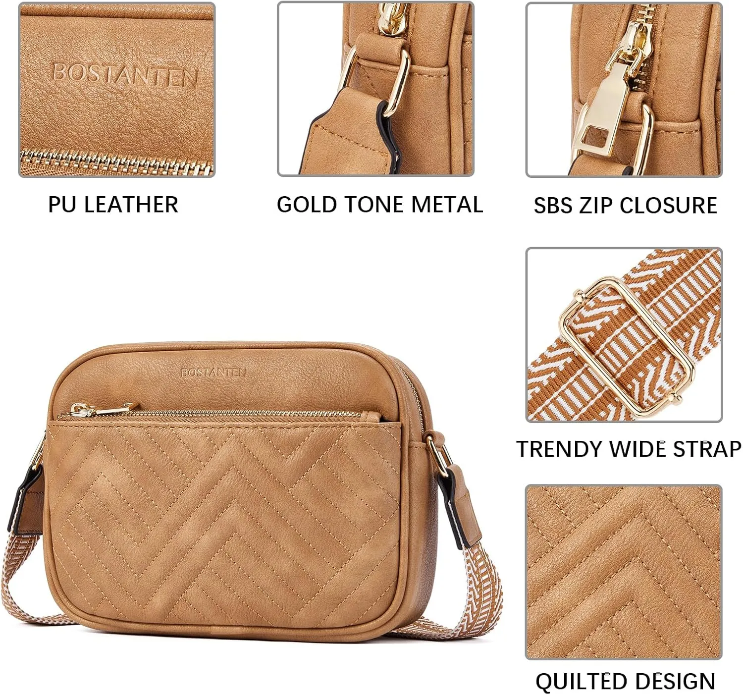 BOSTANTEN Quilted Crossbody Bags for Women Vegan Leather Purses Small Shoulder Handbags with Wide Strap