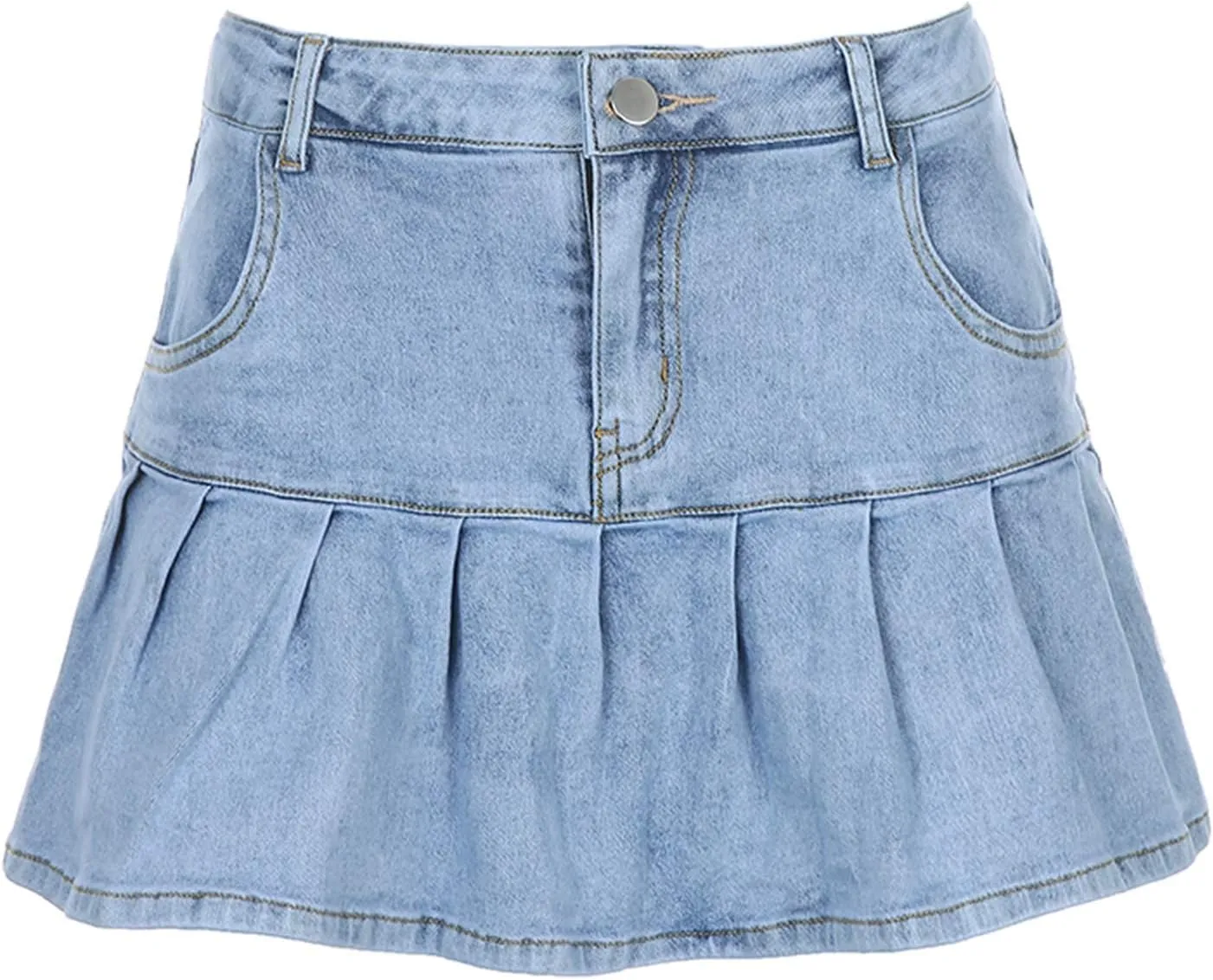 Bowanadacles Women Fashion High Waist Pleated Ruffle Denim Skirt School Uniform A-line Mini Skirt with Lining Shorts Girls