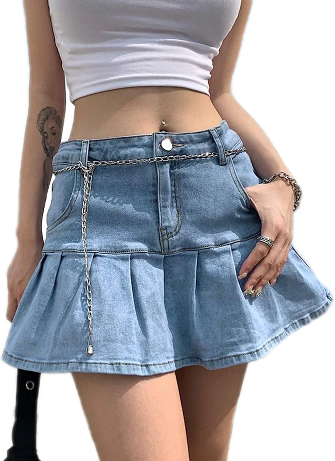Bowanadacles Women Fashion High Waist Pleated Ruffle Denim Skirt School Uniform A-line Mini Skirt with Lining Shorts Girls