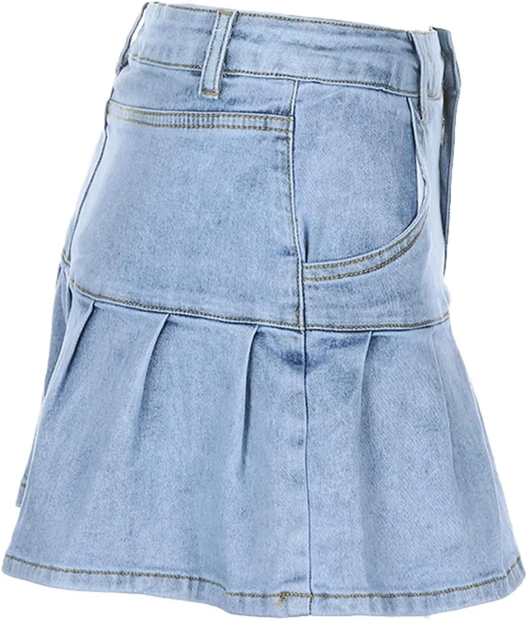 Bowanadacles Women Fashion High Waist Pleated Ruffle Denim Skirt School Uniform A-line Mini Skirt with Lining Shorts Girls