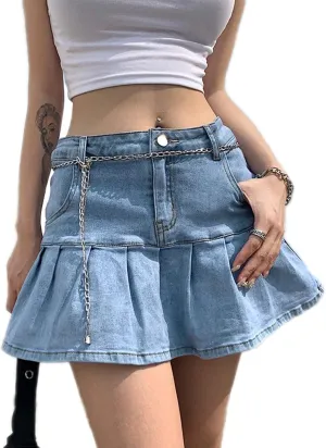 Bowanadacles Women Fashion High Waist Pleated Ruffle Denim Skirt School Uniform A-line Mini Skirt with Lining Shorts Girls