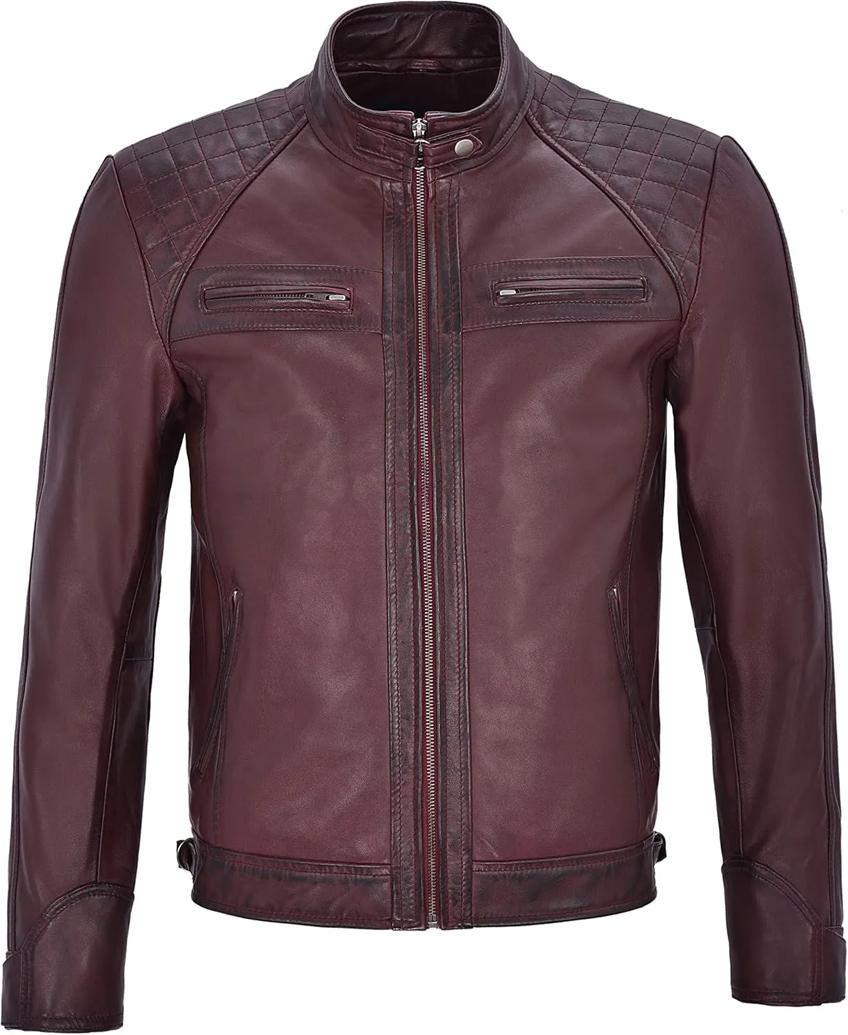 Brad Pitt's Mens Real Leather Speed Racing Quilted Shoulders Cherry Biker Jacket