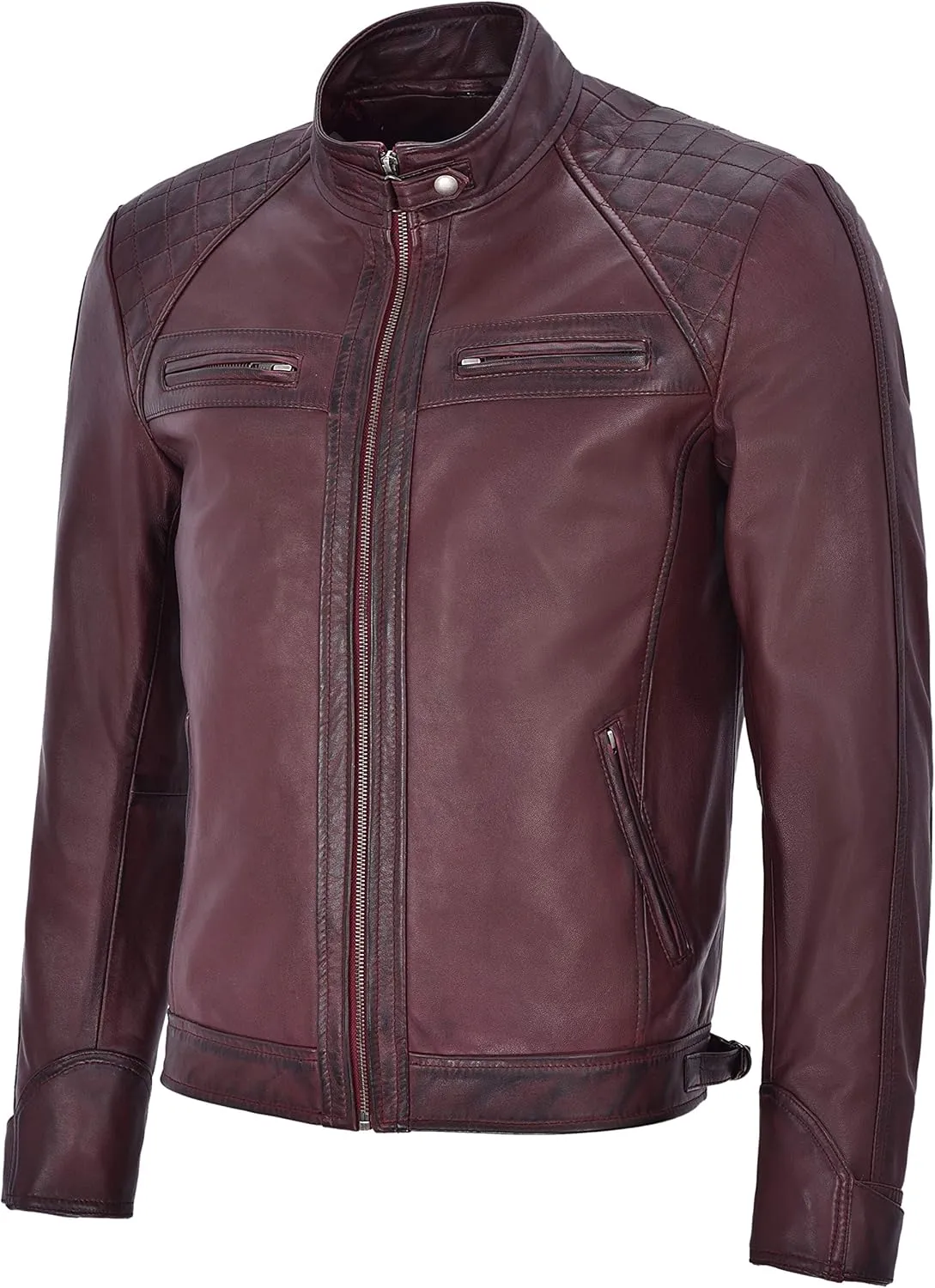 Brad Pitt's Mens Real Leather Speed Racing Quilted Shoulders Cherry Biker Jacket