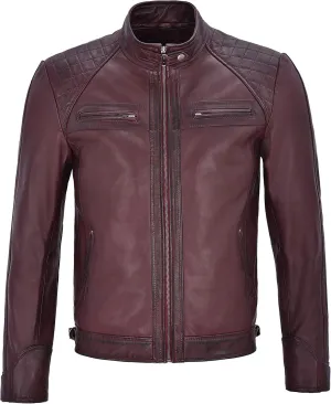 Brad Pitt's Mens Real Leather Speed Racing Quilted Shoulders Cherry Biker Jacket