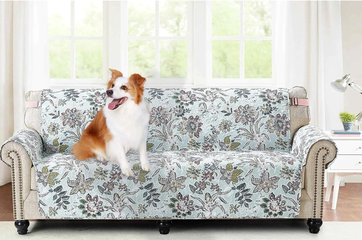 Brilliant Sunshine Beautiful Burgundy Flowers Couch Cover, Quilted Large Sofa Slipcover, 70" Seat Width, Reversible Furniture Protector, 2" Strap, Washable Cover for Pets, Kids, Dogs, Cats, Green