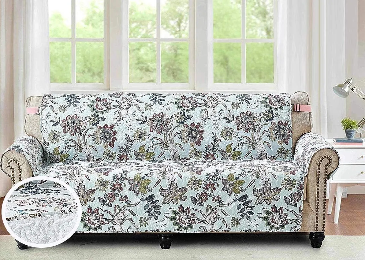 Brilliant Sunshine Beautiful Burgundy Flowers Couch Cover, Quilted Large Sofa Slipcover, 70" Seat Width, Reversible Furniture Protector, 2" Strap, Washable Cover for Pets, Kids, Dogs, Cats, Green