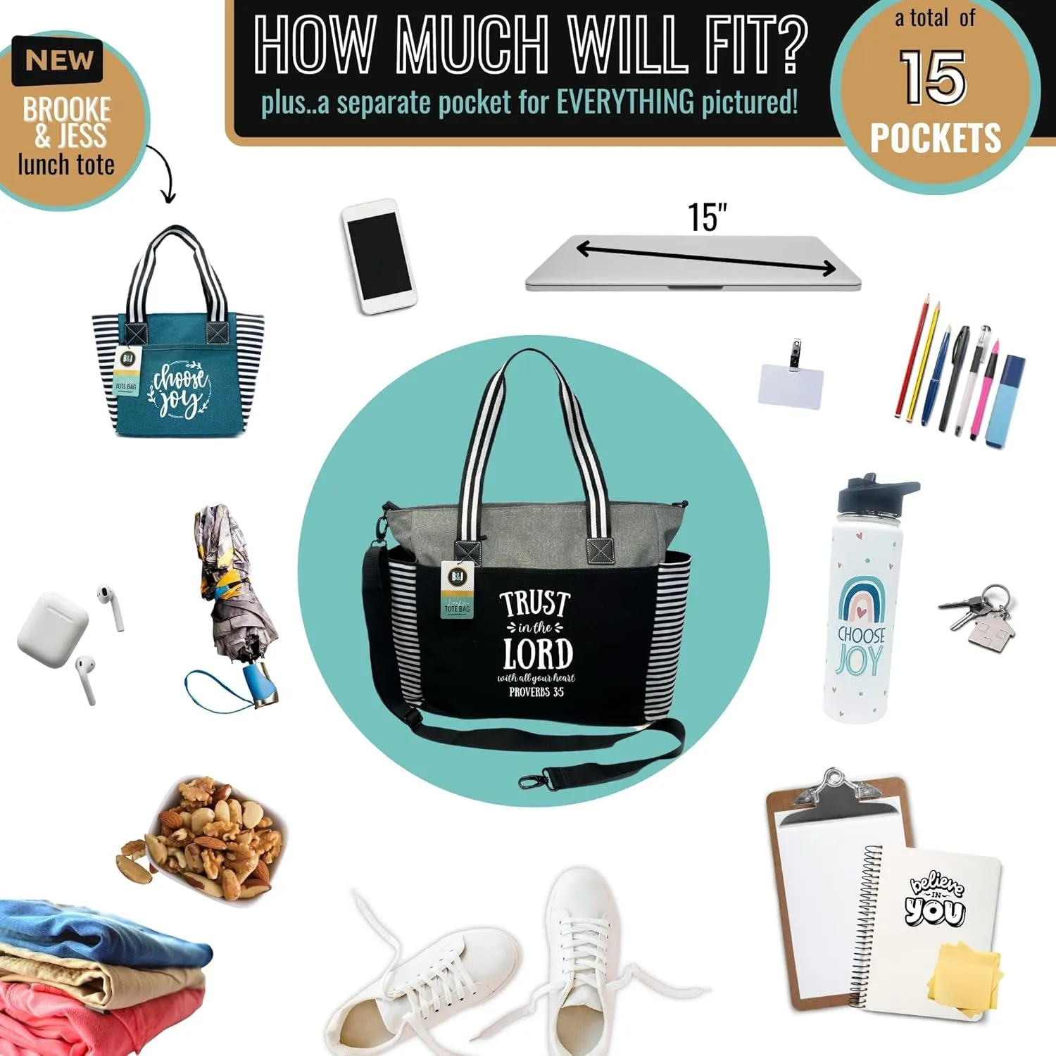 Brooke & Jess Designs Church Bags for Women - Bible Tote Bags for Women, Large Tote Bag for Womens with Zipper