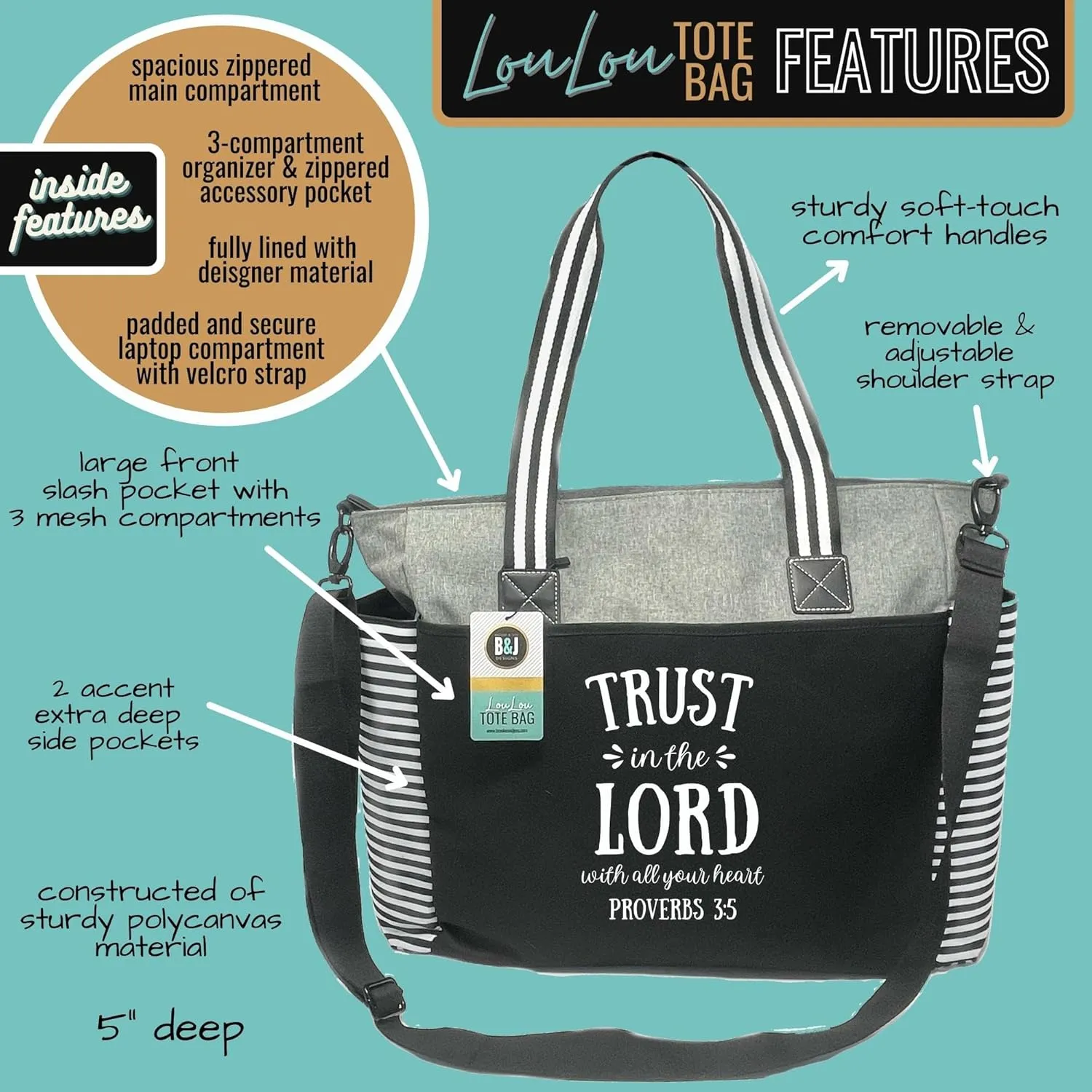 Brooke & Jess Designs Church Bags for Women - Bible Tote Bags for Women, Large Tote Bag for Womens with Zipper