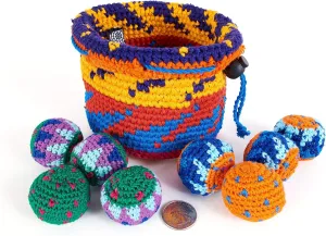 BUENA ONDA Yippi Yappa Kit - Crocheted Mini Bag Toss Game for Kids and Adults, Best Hacky Sack Set, Color Coded Balls with Basket, Indoor/Outdoor Play