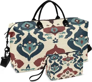 Burbuja Travel Duffel Bag for Women, Traditional Pattern Weekender Overnight Bag Shoulder Carry On Tote Bag with Trolley Sleeve, Gym Bag with Toiletry Bag