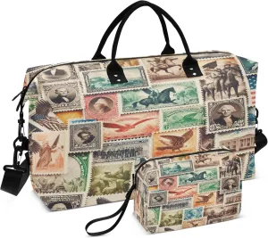Burbuja Travel Duffel Bag for Women, Us Stamps Weekender Overnight Bag Shoulder Carry On Tote Bag with Trolley Sleeve, Gym Bag with Toiletry Bag
