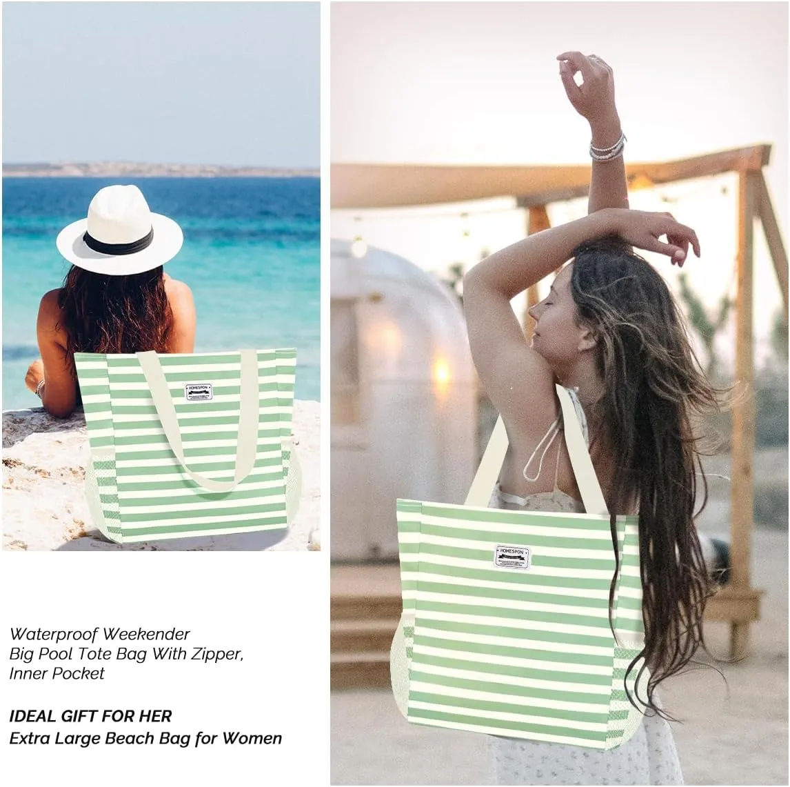 Buringer Large Waterproof Beach Bag for Women Sandproof Tote Bag with Zipper and Pockets Pool Bag for Travel Gym Vacation