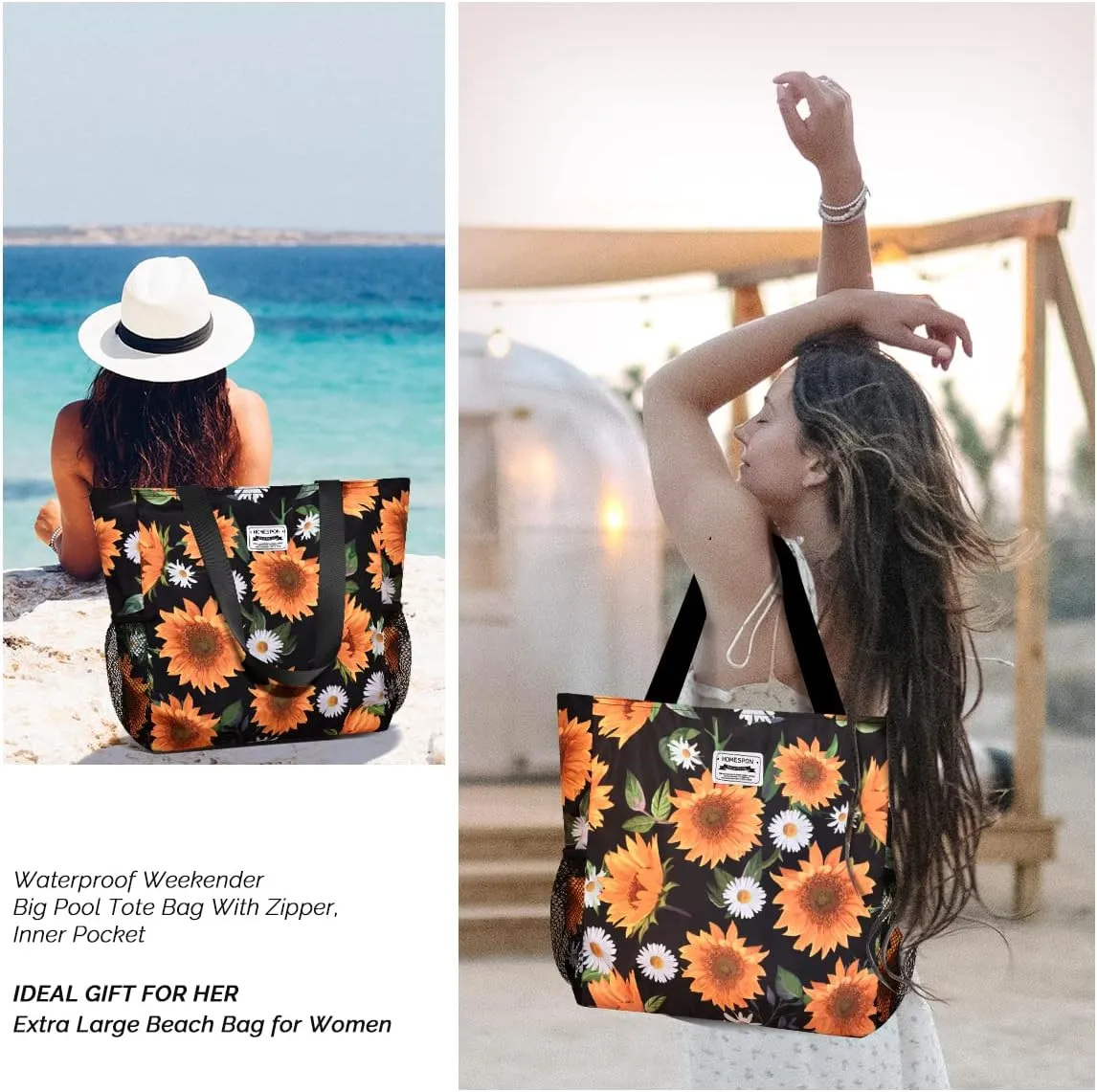 Buringer Large Waterproof Beach Bag for Women Sandproof Tote Bag with Zipper and Pockets Pool Bag for Travel Gym Vacation