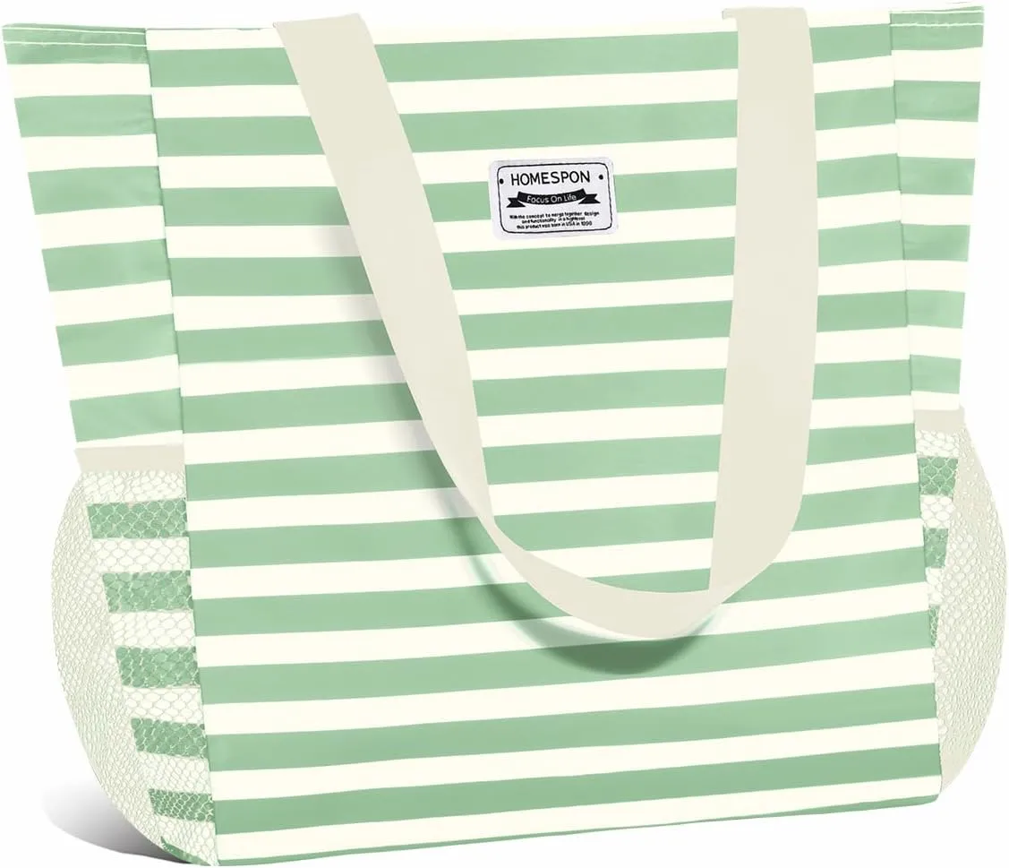 Buringer Large Waterproof Beach Bag for Women Sandproof Tote Bag with Zipper and Pockets Pool Bag for Travel Gym Vacation