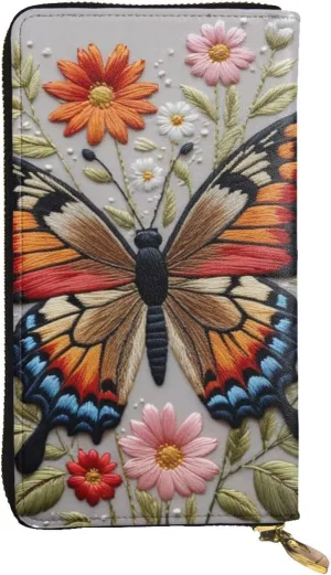 Butterfly Stone Embroidery Paintings Wallet for Men Women,Rectangle Clutch Handbag with Zipper Leather Wallet for Credit Card Cash
