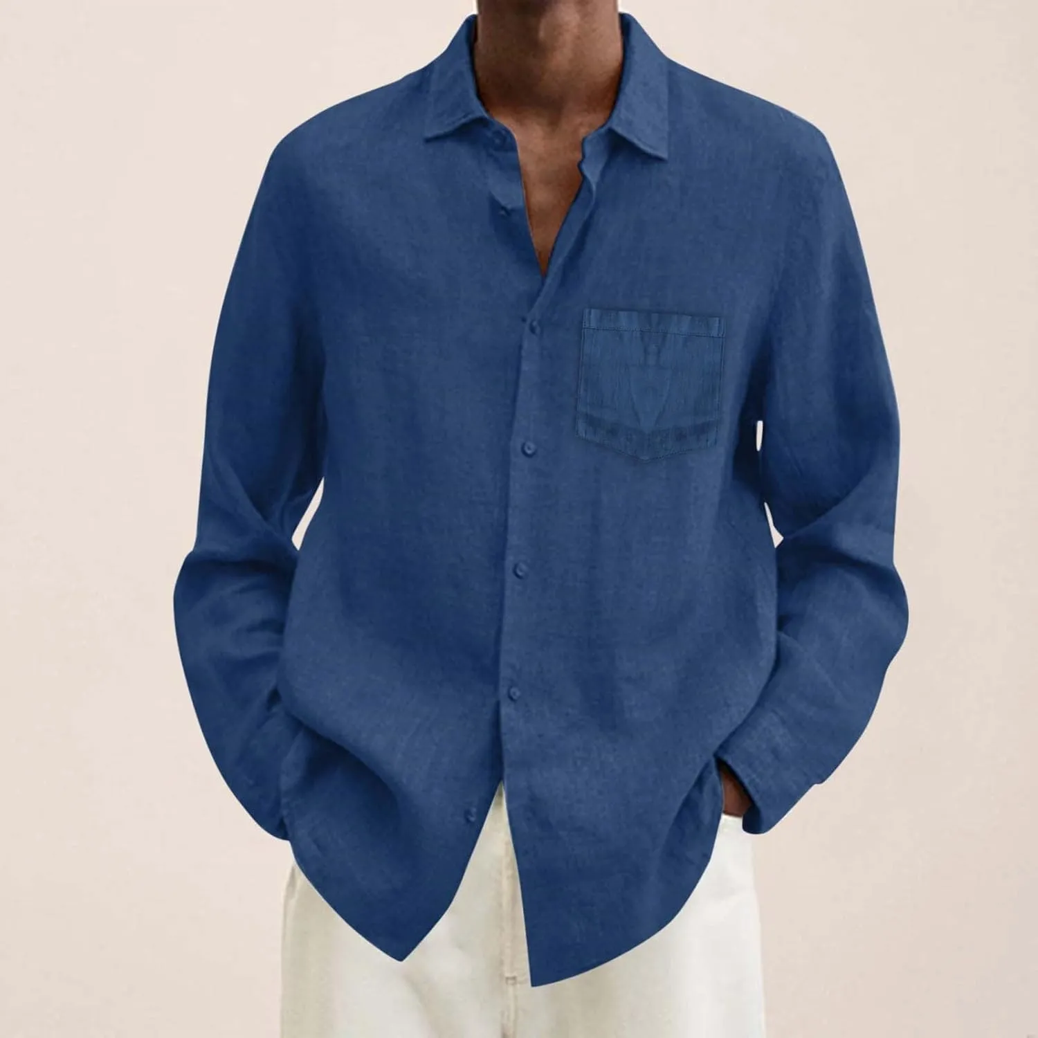 Button Down Linen Shirts for Men Casual Long Sleeve Button Down Regular Fit Beach Shirt Dress Lapel Collar Beach Tops