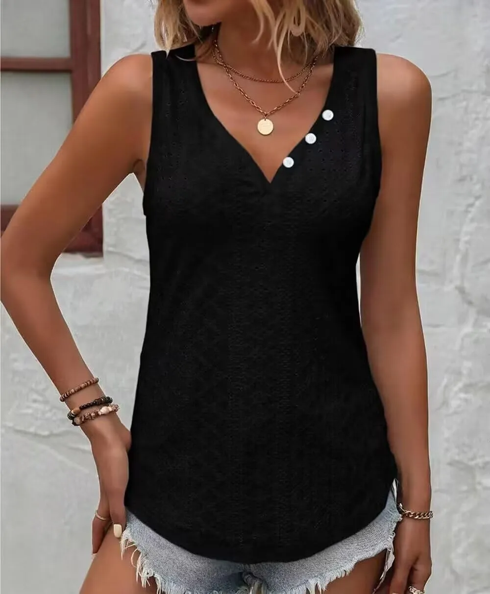 Button Embroidered Eyelet Tank Top Women Summer Tops Casual Country V Neck Tee Shirts Sleeveless Fashion Loose Blouse