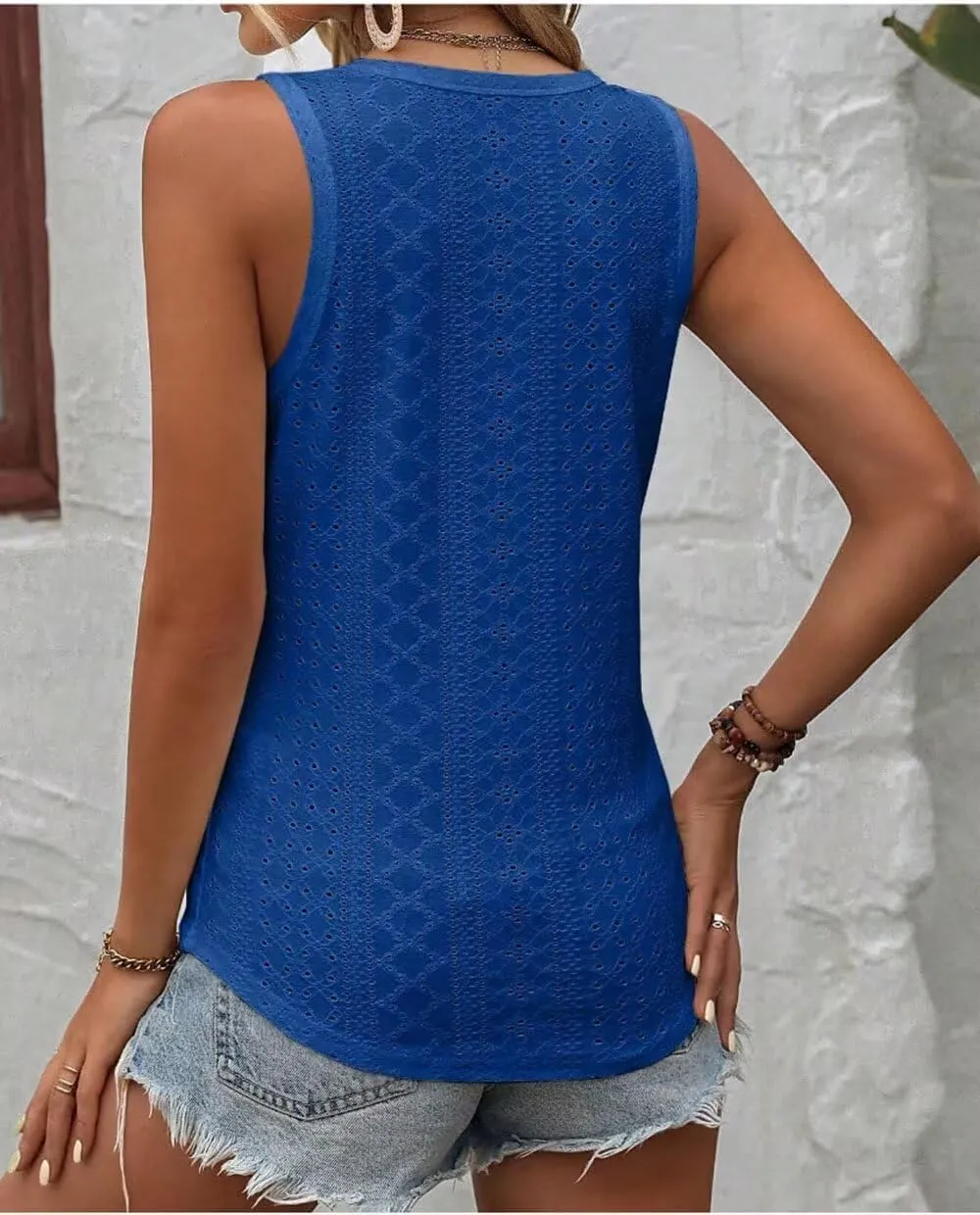 Button Embroidered Eyelet Tank Top Women Summer Tops Casual Country V Neck Tee Shirts Sleeveless Fashion Loose Blouse
