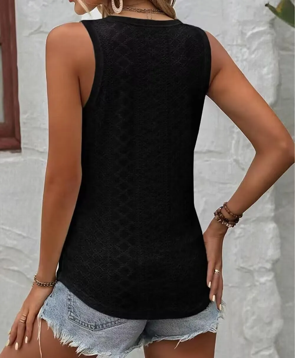 Button Embroidered Eyelet Tank Top Women Summer Tops Casual Country V Neck Tee Shirts Sleeveless Fashion Loose Blouse