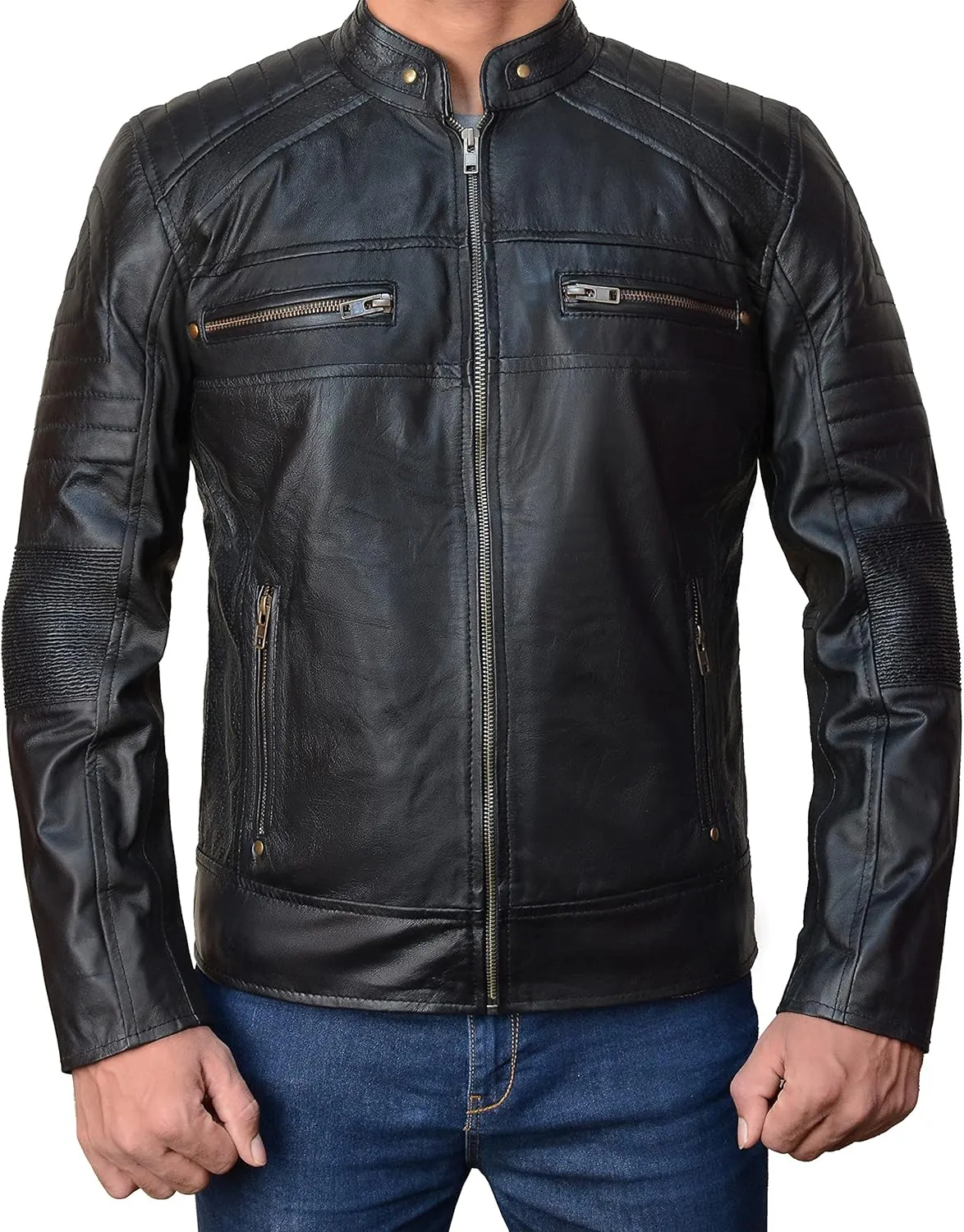 Cafe Racer Brown Leather Jacket Men - Brown Real Lambskin Leather Biker Jacket