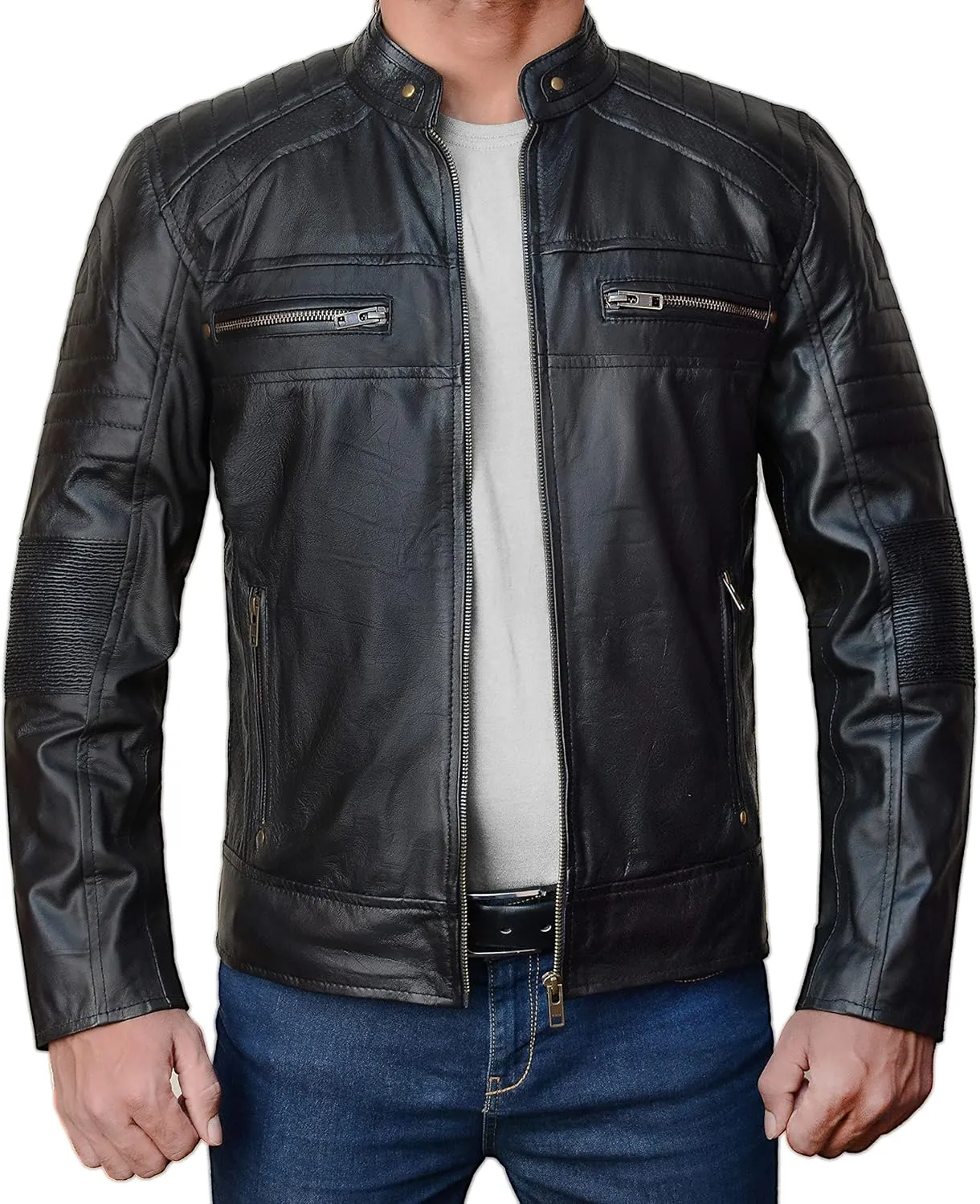 Cafe Racer Brown Leather Jacket Men - Brown Real Lambskin Leather Biker Jacket
