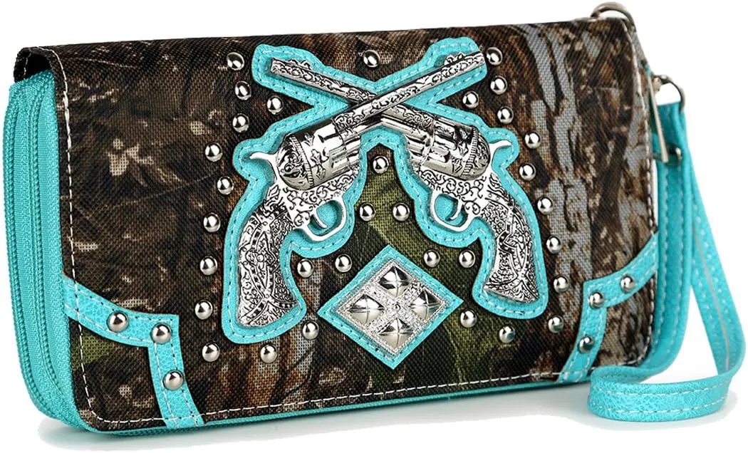 Camouflage Cross Pistol Revolver Gun Studded Clutch Conchos Women Zipper Wallet Western Wristlets Purse