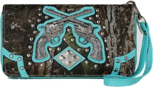 Camouflage Cross Pistol Revolver Gun Studded Clutch Conchos Women Zipper Wallet Western Wristlets Purse