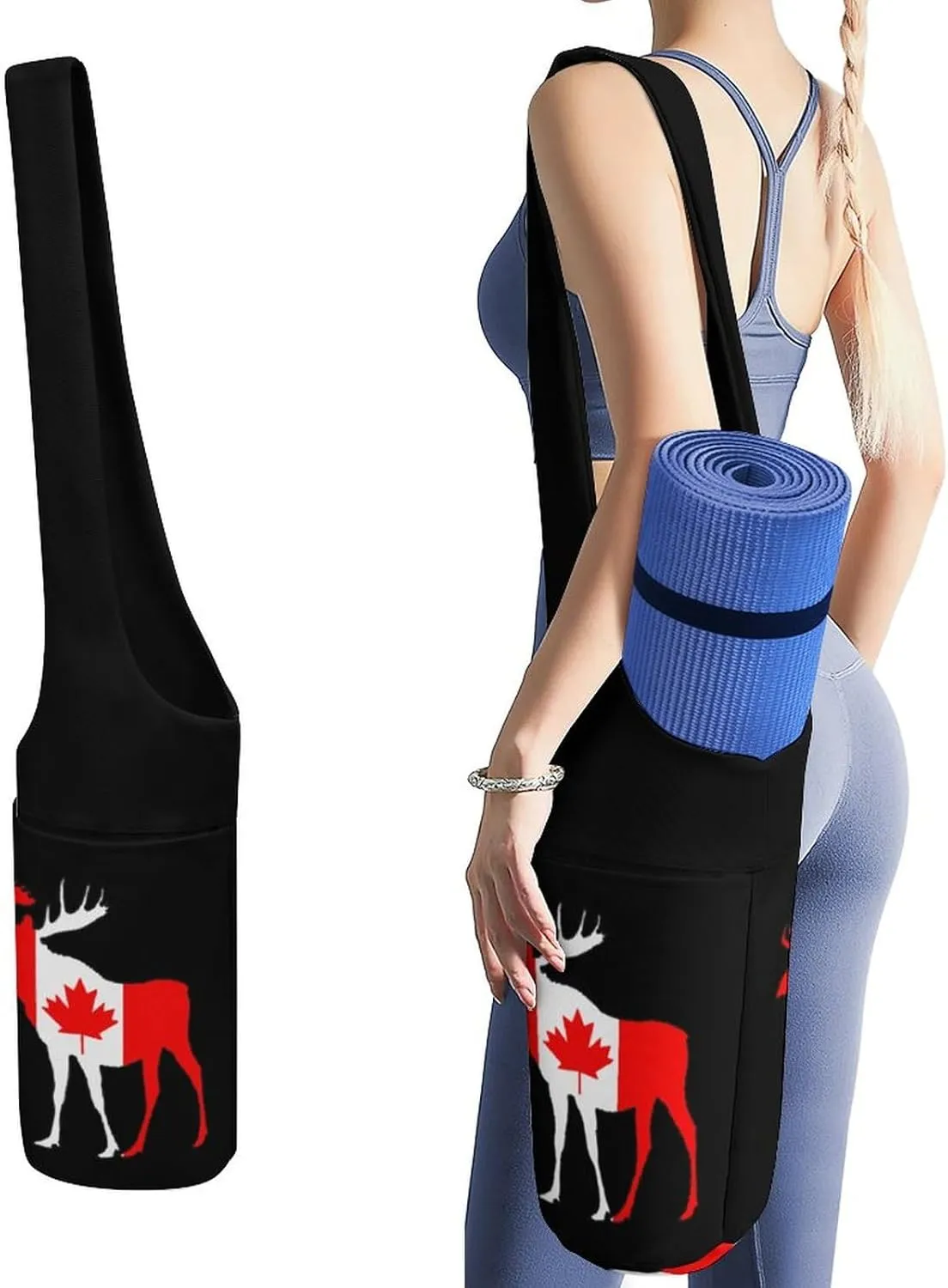 Canada Flag Mooses Lightweight Yoga Mat Bag with Pockets Portable Canvas Carrying Shoulder Bags for Women Men