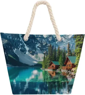 Canada Ohara Lake Yoho National Park With Mountains Nature Scenery Beach Bag Large Tote Bags Shopping Travel Gym Handbags with Rope Handles